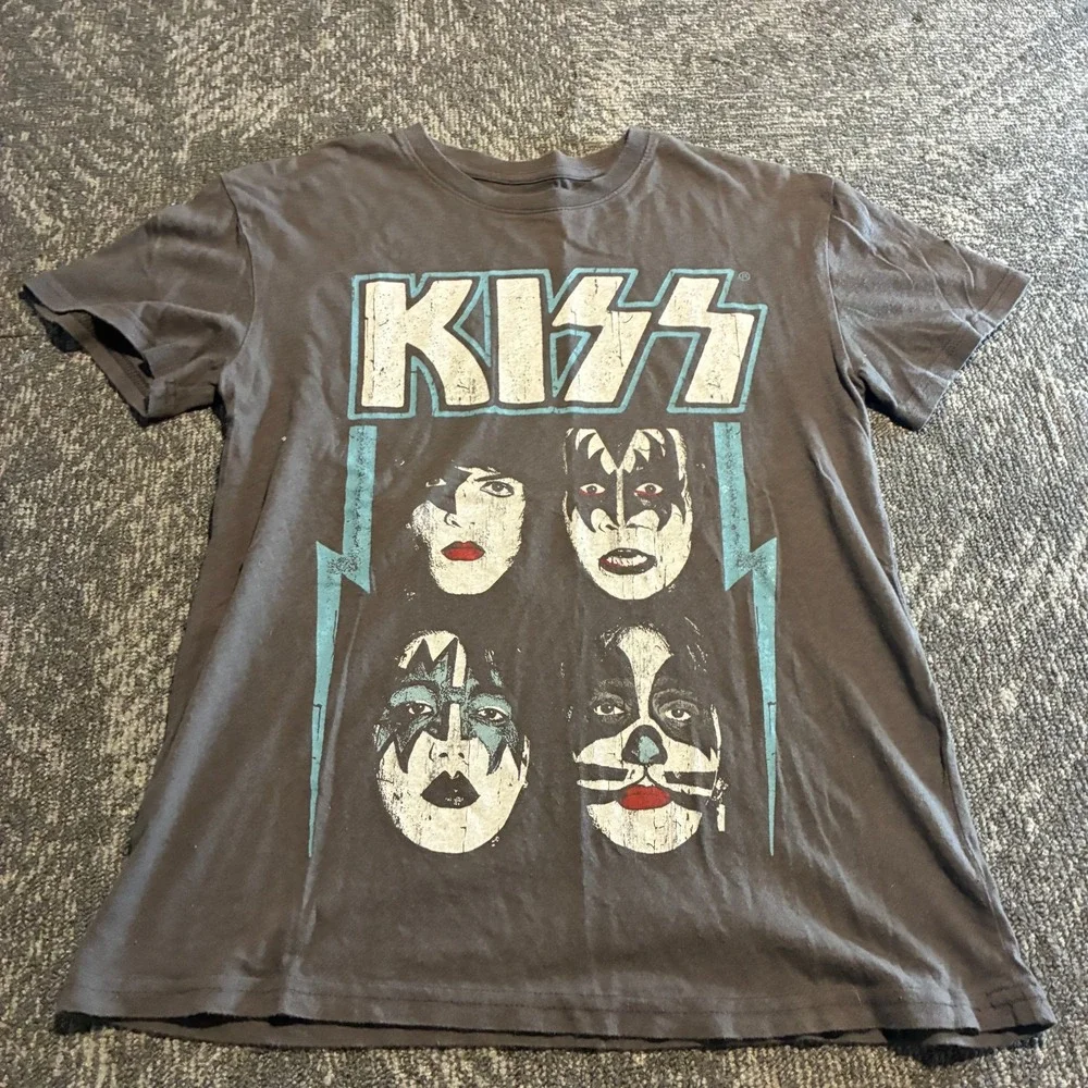 KISS Faces Band T-Shirt Women's XS Gray Makeup Graphic Rock Tee